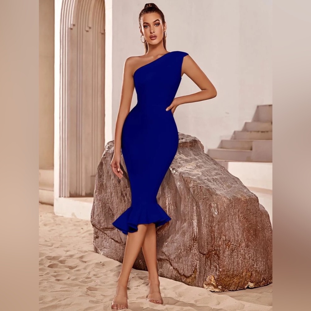 🌸Royal Blue One Shoulder Ruffle Hem Bodycon Dress🌸